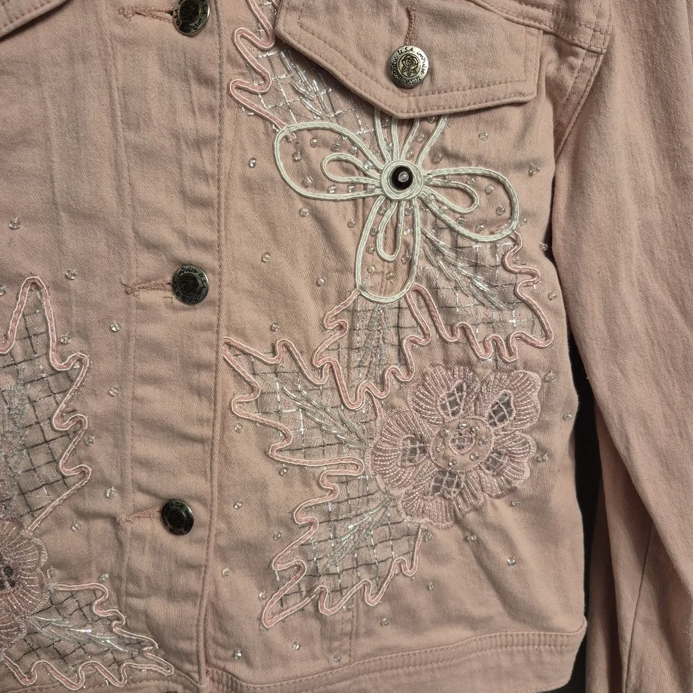 Impulse California Women's Pink Embroidered Floral Jacket Pant Set Size Small/6 - Picture 3 of 9